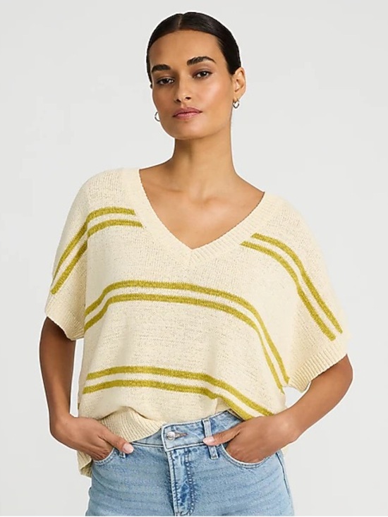 Carly Jean Los Angeles Sweaters - Carly Jean Los Angeles Cream V-Neck Striped Knit Short Sleeved Sweater